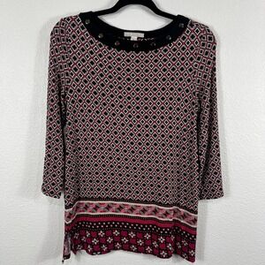 Dana Buchman Tunic Top Women's Small Studded Collar 3/4 Sleeve Geometric Stretch